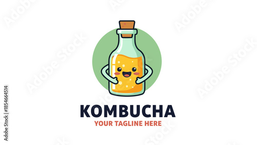 Cute Kombucha Bottle Logo with Smiling Character and Green Badge
