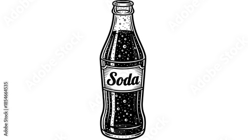 Vintage Black and White Soda Bottle Illustration with Retro Label