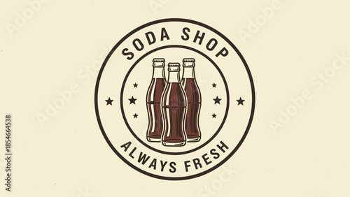 Vintage Soda Shop Logo with Bottles and Always Fresh Badge