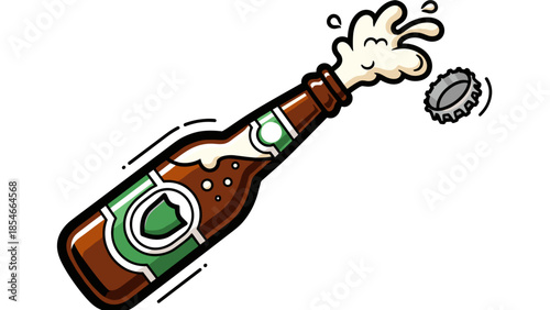 Foaming Beer Bottle Splash Cartoon Illustration