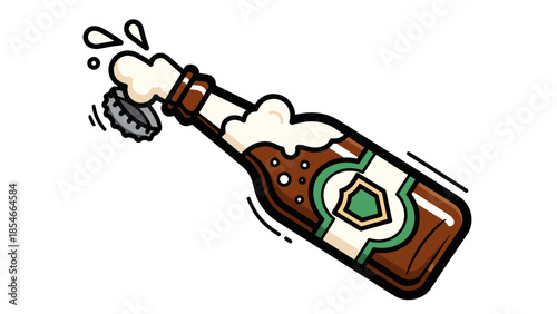 Foaming Beer Bottle Splash Cartoon Illustration