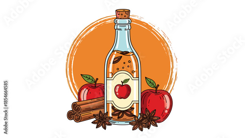 Apple Cider Bottle with Red Apples and Cinnamon Illustration