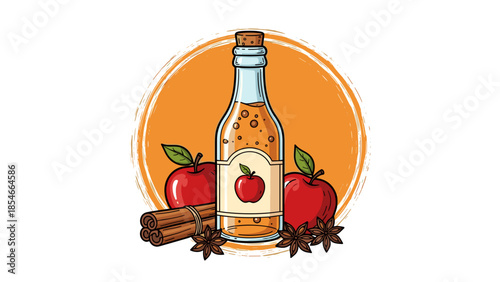 Apple Cider Bottle with Red Apples and Cinnamon Illustration