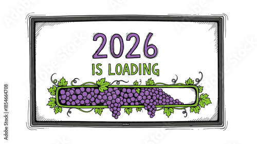 Anticipate 2026, illustrated loading bar graphic of ripening purple grapes and the future year displaying on screen, symbolizing anticipation and growth, capturing