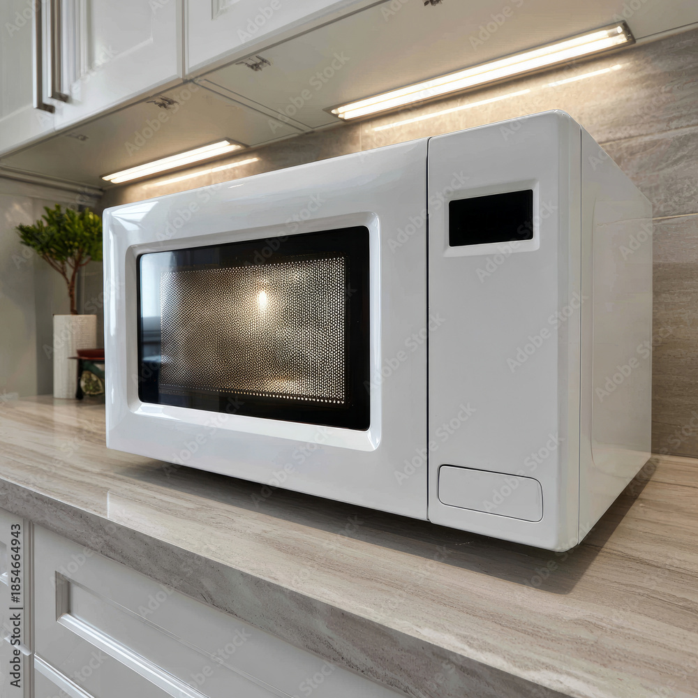 Fototapeta premium Modern white microwave on countertop in stylish kitchen.