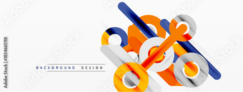 Abstract geometric shapes overlap, creating dynamic composition. Orange, blue, white colors dominate design. Minimalist style, modern aesthetic.