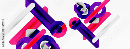 Abstract geometric shapes, vibrant colors, dynamic composition. White background emphasizes purple, pink elements. Modern design.