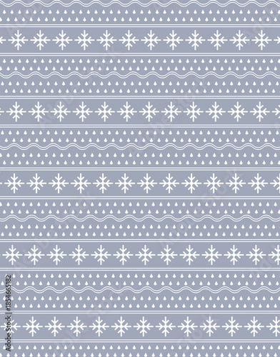 Nordic winter pattern with white snowflakes and dots on soft gray background