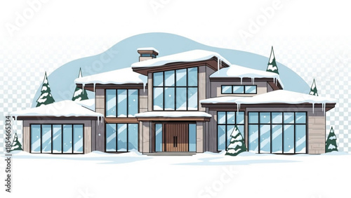 Modern Luxury House Covered in Snow in Winter Vector Illustration
