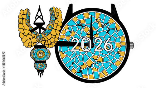 Artistic 2026 watch with ornament, detailed vector illustration, symbolic time concept on white background