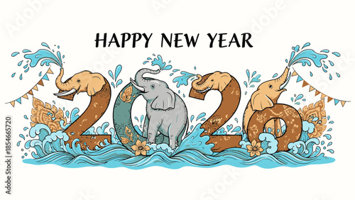 Festive happy new year 2026 illustration with elephants, water splashes, festive banner, and number shaped animals, holiday celebration