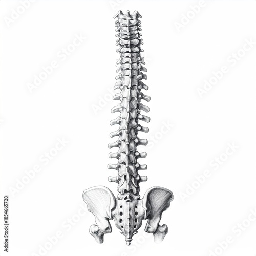 Black and white illustration of human spine and pelvis, anterior view
