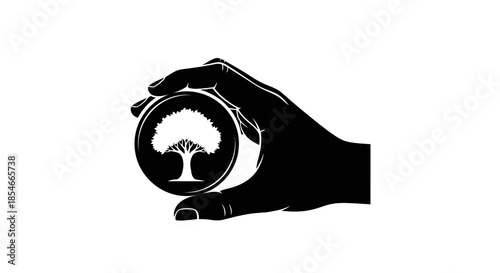 Symbolic black and white image of hand holding a tree logo representing growth and nature,