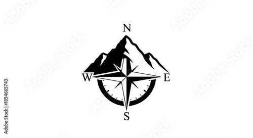 Minimalist adventure logo featuring a mountain peak and a compass rose illustration