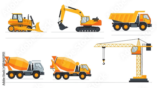 Construction vehicles set bulldozer, excavator, dump truck, concrete mixer truck, and crane