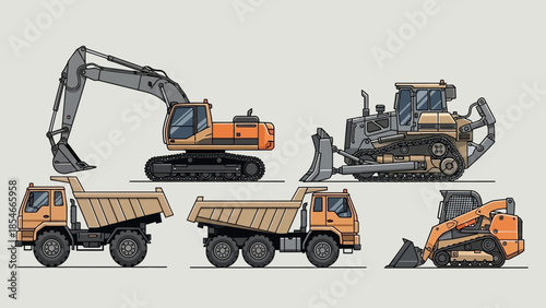 Illustration of various construction vehicles Excavator, bulldozer, dump trucks, and skid steer loader