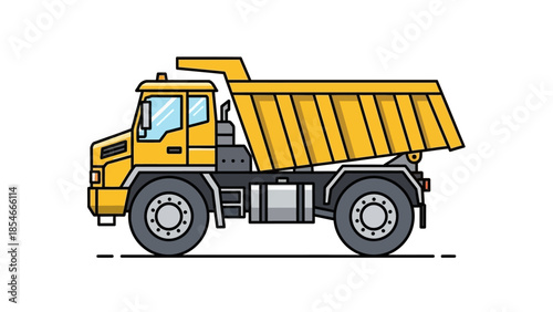 Illustration of a yellow construction dump truck, side view, on a white background, ideal for transport design