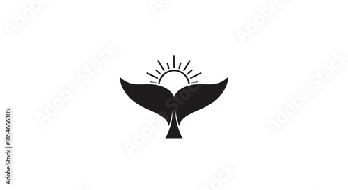 Black and white minimal vector logo design of a whale tail with rising sun between the fins