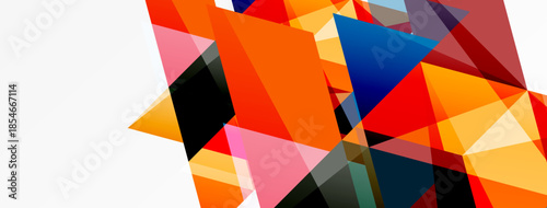 Abstract geometric shapes overlap, creating vibrant color contrasts. Orange, red, blue dominate composition. Minimalist design.