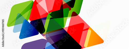 Abstract composition featuring overlapping translucent triangles. Vibrant colors create dynamic visual texture. Modern design element.