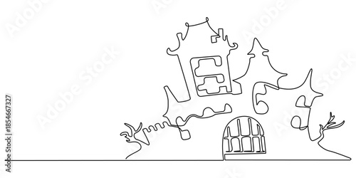 Fairytale castle continuous one line drawing, minimalist vector illustration for a storybook.