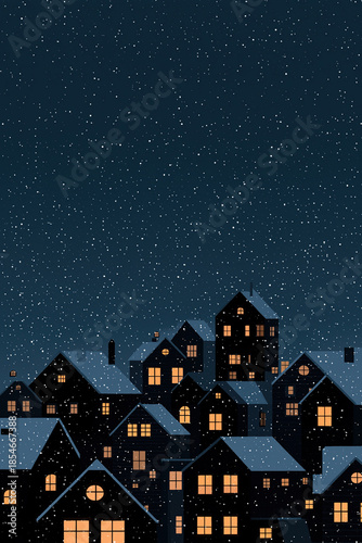 Wallpaper Mural Clustered snowy houses shimmer softly beneath quiet star-speckled nocturnal sky. Torontodigital.ca
