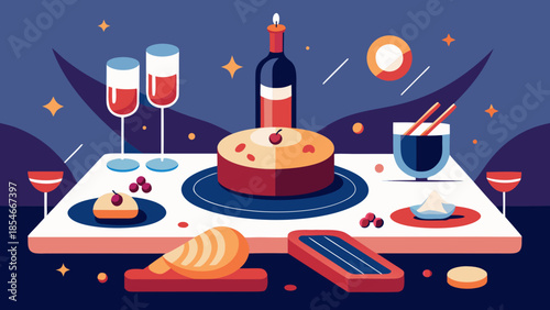 French new year food and drinks with traditional cuisine wine cheese and dessert presented as festive flat vector illustration for holiday celebration