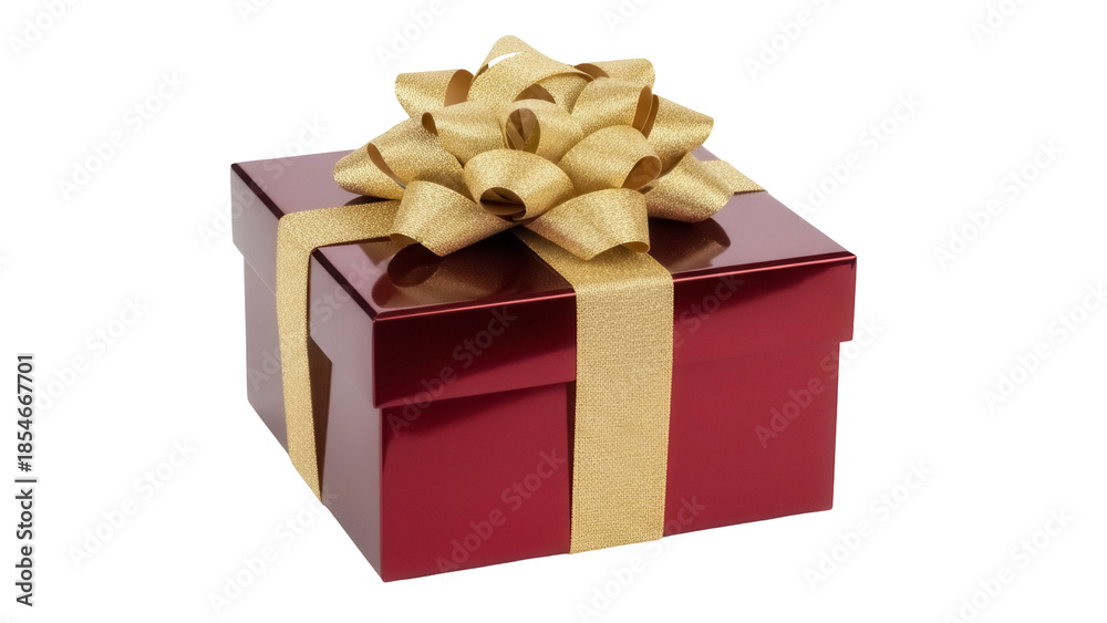Obraz premium Shiny red gift box with golden ribbon and bow isolated PNG, present for Christmas or birthday on transparent background