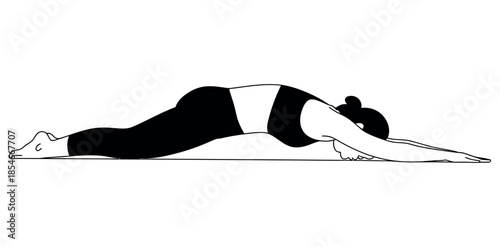 A person in a yoga pose, lying prone with arms extended forward.