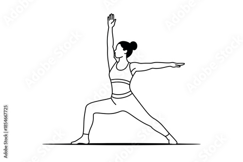 A person performs a Warrior II yoga pose with arms extended.