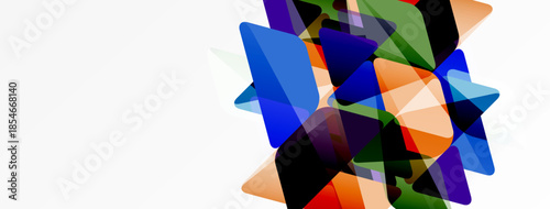 Abstract geometric shapes overlap, creating vibrant color blocks. Composition features blue, orange, green hues against white background.