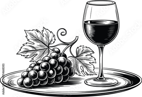 Wine Glass and Grapes Illustration, Elegant Vintage Winery Art Icon.