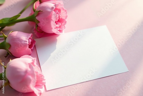 Delicate Pink Roses and a Blank Notecard Ready for a Tender Message