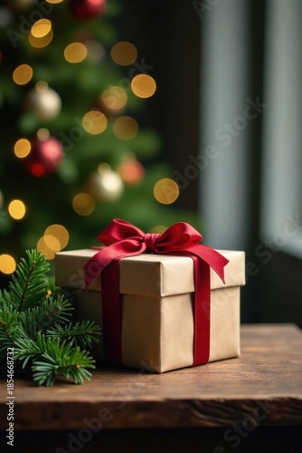 A Beautifully Wrapped Gift Awaits Under the Festive Glow of a Christmas Tree