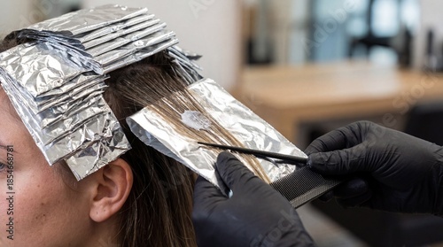 Professional beauty transformation and precision shown during hair highlighting process.