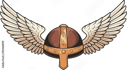 Brown Viking Helmet with Large Spread Wings on White Background Keywords: viking, helmet, wings, winged helmet, Norse, warrior