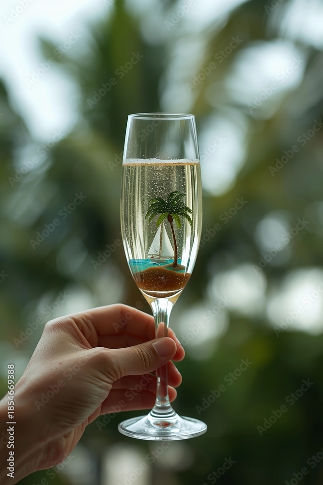 Obraz premium Champagne glass with miniature tropical island scene inside