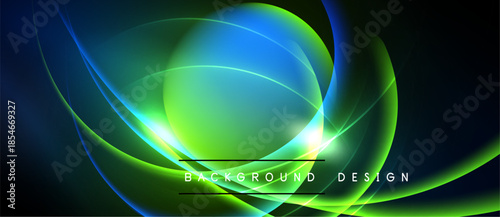 Abstract vibrant design features flowing curves, bright green, blue hues. Dark background emphasizes luminous shapes, creating dynamic visual effect.