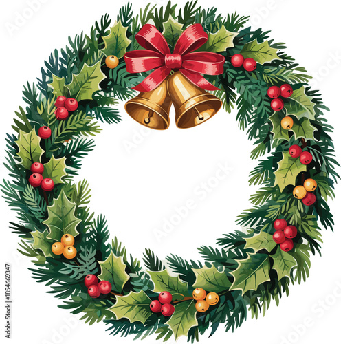 Christmas Wreath with Holly Berries Pine Needles Red Bow and Gold Bells Keywords: christmas, wreath, holly, berries, pine, needles