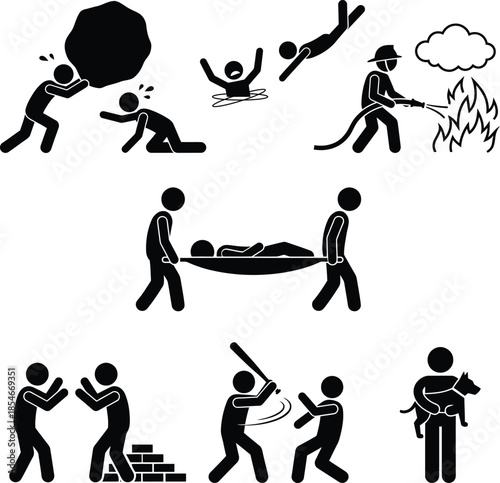 Diverse pictogram scenes illustrating rescue, accident, and conflict situations