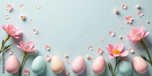 Pastel Easter Eggs and Delicate Blossoms Arranged on a Soft Blue Background