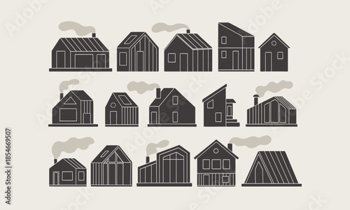 Set of cute tiny houses. Small house, forest cabin, flat cartoon buildings. Black doodle small home, trendy modern minimal classy vector objects set. Cutout illustration with line, simple graphic.