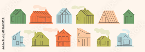 Set of cute tiny houses. Small colorful house, forest cabin, flat cartoon buildings. Doodle small home, trendy modern minimal classy vector objects set. Cutout illustration with line, simple graphic.