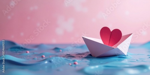 A paper boat carrying a heart sails on a sea of pastel blue, a symbol of romantic voyage and affection.