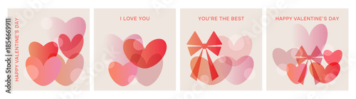A set of four square greeting cards with red and pink hearts for Valentine's Day. Graphic elements on the theme of love for the holiday.