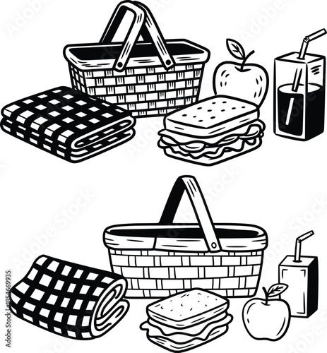 Picnic Basket Lunch Food Outdoor Vector Illustration.