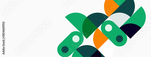 Abstract geometric shapes overlap, creating dynamic composition. Greens, oranges, blues dominate white background. Modern design.