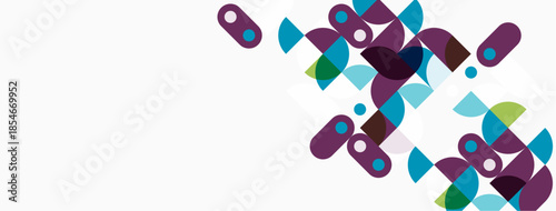 Abstract geometric shapes, purple, teal, blue hues. Minimalist design with negative space. Modern, clean aesthetic.