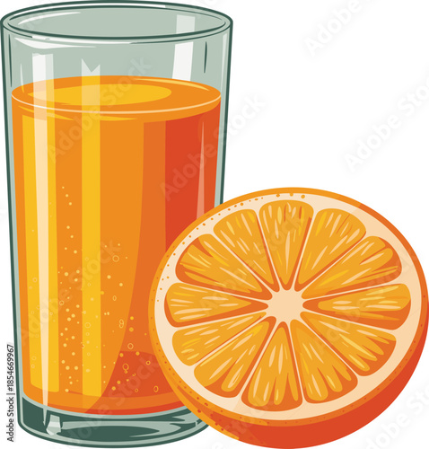 Glass of Orange Juice and Half Orange Slice on White Background Keywords: orange juice, glass, beverage, orange slice, half orange