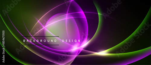 Abstract vibrant lines form flowing shapes. Green, purple hues dominate dark background. Modern design element.
